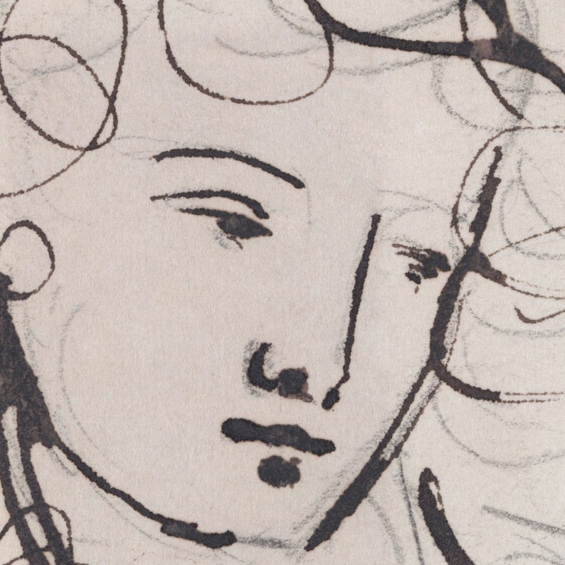 May include: A black and white ink drawing of a person's face. The drawing is done in a loose, expressive style, with emphasis on the eyes and mouth.