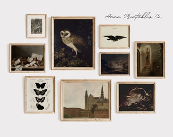 Dark Academia Gallery Set van 9 Prints Digitale Download, Vintage Gotische Afdrukbare Muurkunst, Dark Academia Bundel Art Prints, Halloween Art