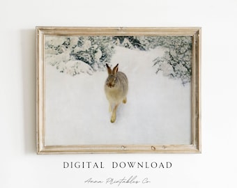 Antique Hare in a Snowy Landscape Painting DIGITAL DOWNLOAD | Vintage Winter Scene Printable Wall Art |  Rustic Nature Christmas Artwork