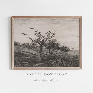 May include: A black and white illustration of a landscape with a group of crows flying over a bare tree. The image has a vintage aesthetic and is perfect for a nature-themed print.