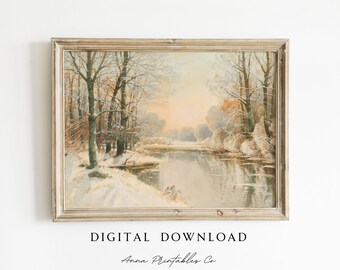 Pond in Winter Antique Painting DIGITAL DOWNLOAD | Vintage Snowy Landscape Printable Wall Art | Christmas Wall Decor | Forest Fine Art Print