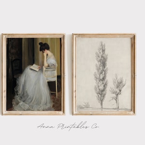 May include: Two framed prints, one with a painting of a woman in a blue dress reading a book, and the other with a pencil drawing of two trees. The text "Anna Printables Co." is at the bottom of the image.