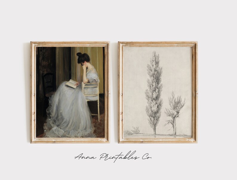 May include: Two framed prints, one with a painting of a woman in a blue dress reading a book, and the other with a pencil drawing of two trees. The text "Anna Printables Co." is at the bottom of the image.