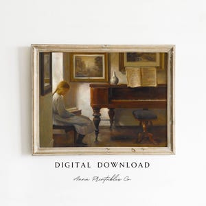 May include: A vintage painting of a young girl sitting on a stool and reading a book in a room with a piano. The piano is open and has sheet music on it. The room is decorated with paintings and a vase of flowers.