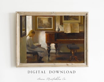 DIGITAL DOWNLOAD Girl Reading by Piano Vintage Painting Printable Wall Art | Antique Interior Artwork | Moody Victorian Fine Art Print