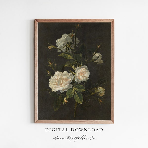 Still Life X | Antique White Rose Painting for Digital Download | Moody Vintage Printable Wall Art | Dark Academia Decor | Dark Cottagecore