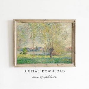 Puede incluir: Una descarga digital de una pintura que representa un paisaje con árboles, un río y un pueblo en la distancia. La pintura está en un estilo ligero e impresionista con colores suaves y pinceladas.