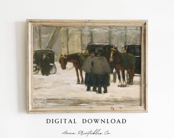 Vintage Carriage and Coachmen Painting DIGITAL DOWNLOAD | Antique Winter Printable Wall Art | Christmas Farmhouse Decor | Neutral Watercolor