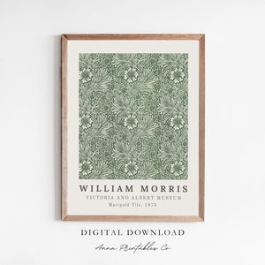 Pu&ograve; includere: Un download digitale stampabile di un motivo floreale verde e bianco di William Morris, intitolato "Marigold Tile" dal Victoria and Albert Museum.