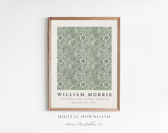 William Morris Marigold Wall Art Print, Antique Textile Printable Wall Art, Art Nouveau Poster, Forest Green Botanical Art, Victorian Print