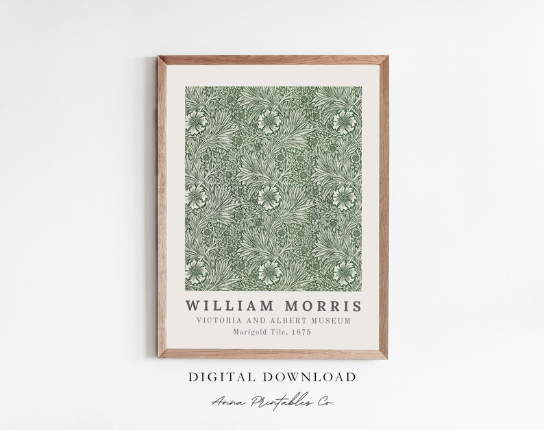 Pu&ograve; includere: Un download digitale stampabile di un motivo floreale verde e bianco di William Morris, intitolato "Marigold Tile" dal Victoria and Albert Museum.