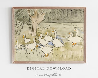 Patos junto al Creekside / Pintura de pato acuarela vintage para descarga digital / Arte de pared imprimible de vivero antiguo / Impresiones de arte de primavera