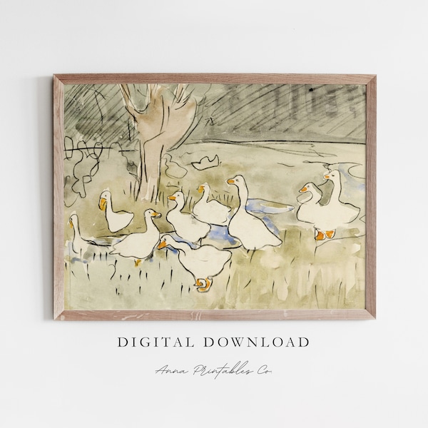 Ducks by the Creekside | Vintage Watercolor Duck Painting for Digital Download | Antique Nursery Printable Wall Art | Spring Art Prints