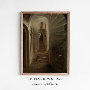 May include: A painting of a spiral staircase in a dark, old building. A person walks up the stairs, and a dog is at the bottom of the stairs.