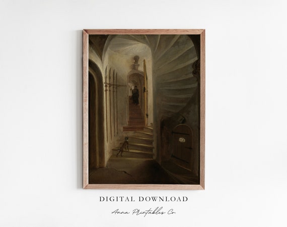 Dark Interior Staircase Vintage Painting Digital Download, Dark Academia Decor Printable Wall Art, Gothic Wall Art Prints, Dark Vintage Art