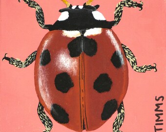 May include: A red ladybug with black spots and white markings on a pink background. The ladybug has six legs and is painted in a realistic style.