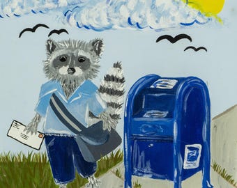 Raccoon Postman - Acrylic Painting - Wall Art - Decor - Animal Art - Nature - Original Art