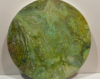 Original Acrylic Paint Pour on 16" Round Wooden Panel-- "Frog"