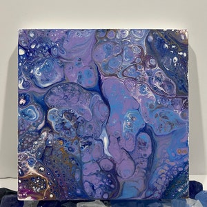 Original 8x8&quot; Acrylic Pour Painting on Wooden Panel, Purple, Blue, Gold--&quot;Glow&quot;