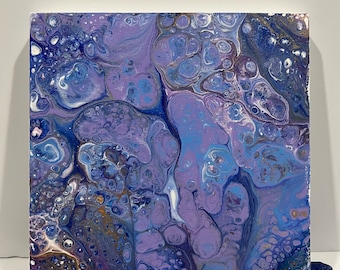 Original 8x8" Acrylic Pour Painting on Wooden Panel, Purple, Blue, Gold--"Glow"