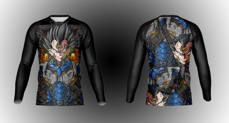 May include: Black long-sleeve shirt with a graphic print of a character with a half-human, half-robot face. The character is surrounded by a pattern of robotic parts and gears.