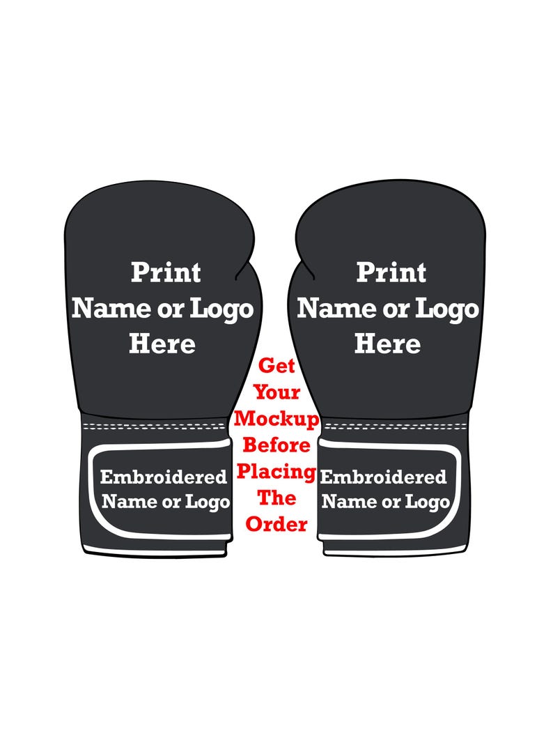 Boxing gloves with customizable areas labeled 'Name or Logo Here' on the upper part and 'Embroidered Name or Logo' on the wrist strap. The image promotes personalized glove mockups for branding or customization.