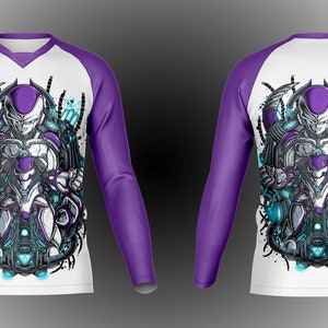 May include: White long-sleeve shirt with a purple and blue graphic print of a character from a popular anime series. The shirt has a white front and purple sleeves.