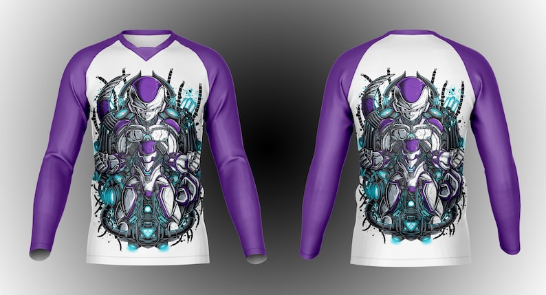 May include: White long-sleeve shirt with a purple and blue graphic print of a character from a popular anime series. The shirt has a white front and purple sleeves.