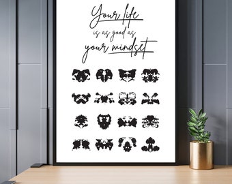 Rorschach Inkblot Wall Art | Life is a Mindset | Digital Download | Printable Modern Art | Minimalist Art | Therapy Office Decor| Home Decor