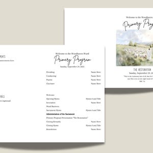 May include: Two-page program for the Woodhaven Ward Primary Program, with text and a watercolor image of a shepherd and sheep. The program includes sections for announcements, hymns, and the theme "The Restoration."
