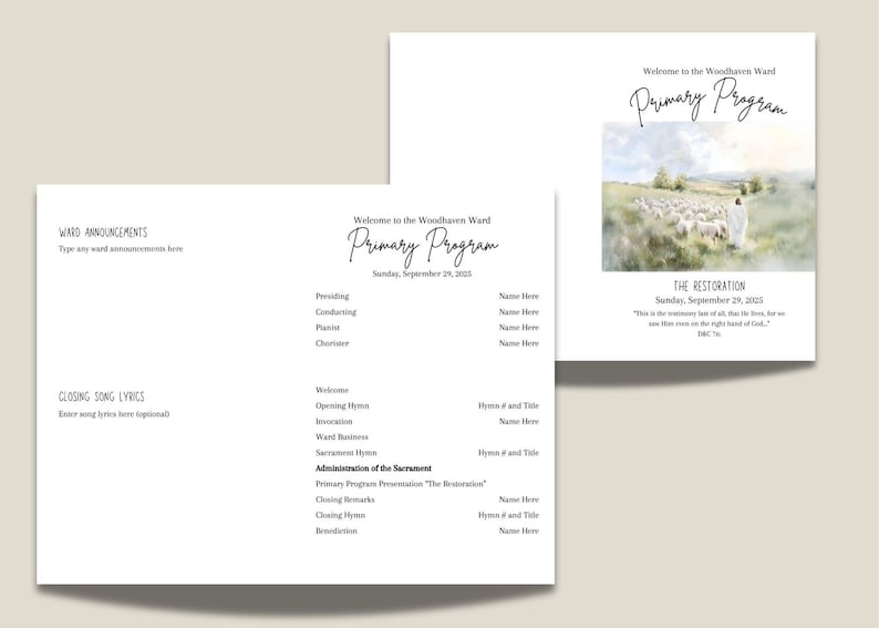 May include: Two-page program for the Woodhaven Ward Primary Program, with text and a watercolor image of a shepherd and sheep. The program includes sections for announcements, hymns, and the theme "The Restoration."