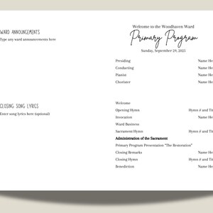 May include: A printed program for the Woodhaven Ward Primary Program, dated Sunday, September 29, 2025. The program includes sections for announcements, song lyrics, and the order of service, with spaces for names and hymn titles.