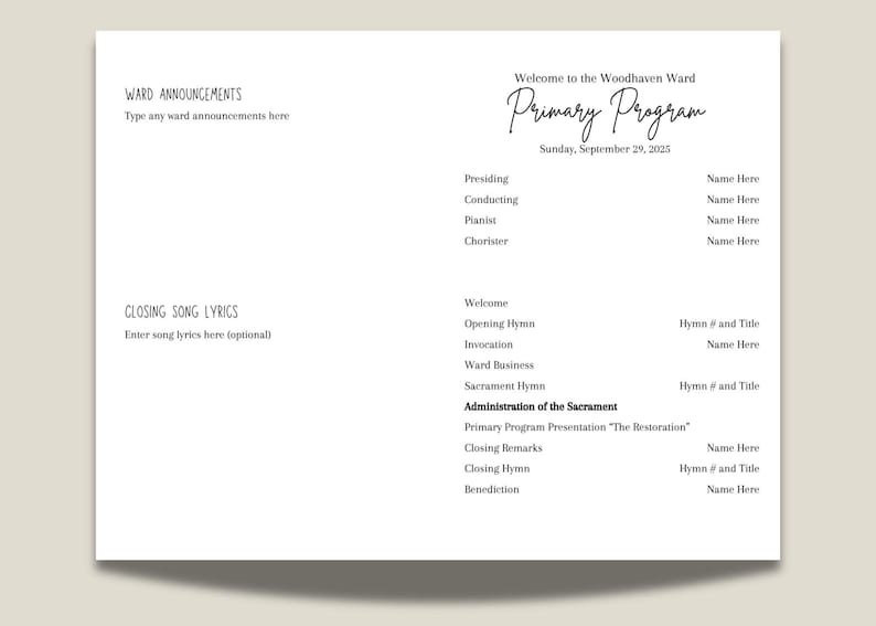 May include: A printed program for the Woodhaven Ward Primary Program, dated Sunday, September 29, 2025. The program includes sections for announcements, song lyrics, and the order of service, with spaces for names and hymn titles.