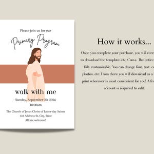 May include: A digital invitation template for a Primary Program featuring an illustration of a figure in a robe, with text reading Please join us for our Primary Program, walk with me, Sunday, September 20, 2026, 10:00am, and The Church of Jesus Christ of Latter-day Saints.
