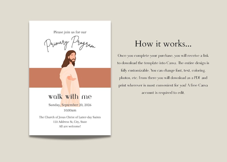 May include: A digital invitation template for a Primary Program featuring an illustration of a figure in a robe, with text reading Please join us for our Primary Program, walk with me, Sunday, September 20, 2026, 10:00am, and The Church of Jesus Christ of Latter-day Saints.