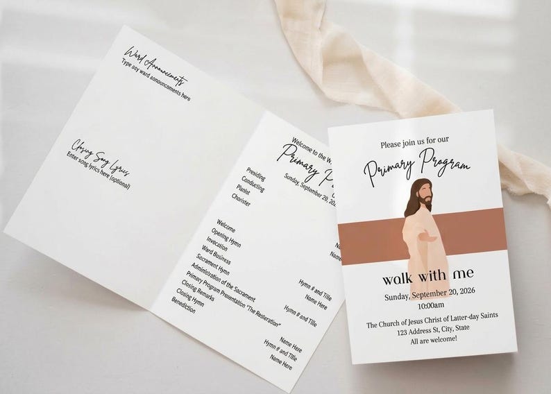 May include: A white folded program for a Primary Program event. The front features an illustration of a person with long brown hair, a terracotta horizontal stripe, and the text: Please join us for our Primary Program, walk with me, September 20, 2026.