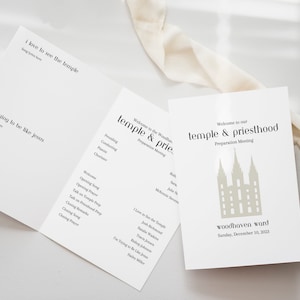 May include: A white folded program for a temple and priesthood preparation meeting. The front cover features a beige temple illustration and the text Woodhaven Ward Sunday, December 10, 2023. The interior lists meeting agenda items and song titles.
