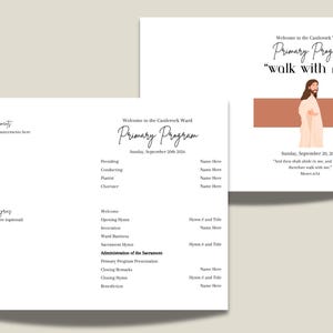 May include: A white church program template featuring the text Welcome to the Castlerock Ward Primary Program walk with me. The design includes a graphic of a figure in a robe, a horizontal terracotta stripe, and placeholders for Sunday, September 20th 2026.