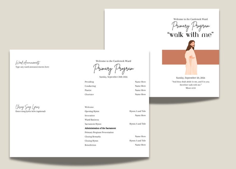 May include: A white church program template featuring the text Welcome to the Castlerock Ward Primary Program walk with me. The design includes a graphic of a figure in a robe, a horizontal terracotta stripe, and placeholders for Sunday, September 20th 2026.