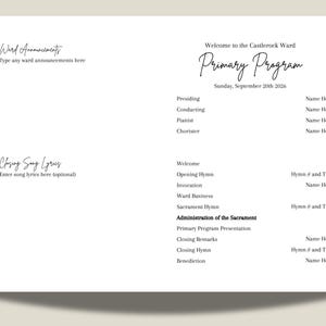 May include: A white paper program template for a church service titled Welcome to the Castlerock Ward Primary Program, Sunday, September 20th 2026. It includes sections for Ward Announcements, Closing Song Lyrics, and a detailed order of service.