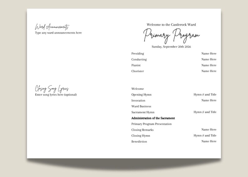 May include: A white paper program template for a church service titled Welcome to the Castlerock Ward Primary Program, Sunday, September 20th 2026. It includes sections for Ward Announcements, Closing Song Lyrics, and a detailed order of service.