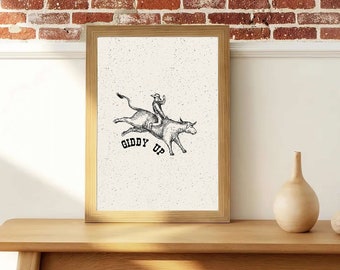 Cyfrowy wydruk artystyczny kowboja Sztuka ścienna w stylu western Sztuka ścienna kowboja Sztuka ścienna kowboja Giddy Up Sztuka ścienna retro kowbojki Giddy Up Wydruk