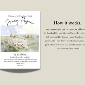 May include: A printable Primary Program template with the text "Welcome to the Woodhaven Ward" and "Primary Program." The image features a watercolor painting of a figure with sheep. Text on the bottom reads "The Restoration, Sunday, September 29, 2025."