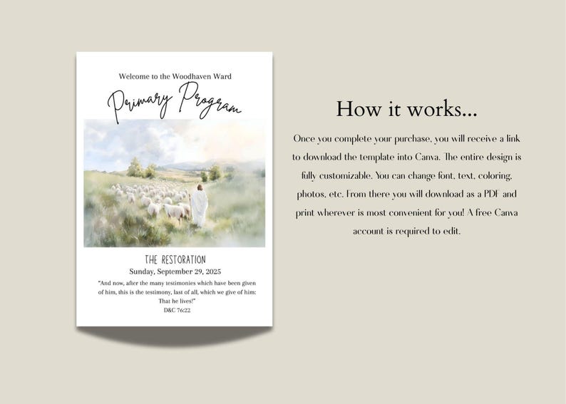 May include: A printable Primary Program template with the text "Welcome to the Woodhaven Ward" and "Primary Program." The image features a watercolor painting of a figure with sheep. Text on the bottom reads "The Restoration, Sunday, September 29, 2025."