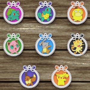 Pokemon Christmas Ornaments vectores, bolas de Navidad para lasercut Decoración de plantillas SVG DXF Ai PDF