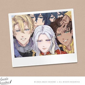 May include: A digital illustration of four anime characters posing for a photo. The characters are all young adults with different hair colours and styles. The characters are wearing colourful clothing and are smiling. The image is set against a white background.