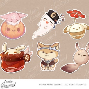 Puede incluir: Un conjunto de pegatinas de dibujos animados coloridos con varios personajes. Incluye un zorro en una calabaza, un fantasma con sombrero, una criatura con una flor, un conejo en una bolsa, un Shiba Inu y una criatura parecida a un conejo. El nombre del artista y la información de derechos de autor están en la parte inferior.