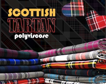 May include: A stack of Scottish tartan polyviscose fabric in various colors, including red, green, blue, and gray. The image features heart-shaped fabric samples and the text "Scottish Tartan polyviscose". The Abi Fabrics logo is in the bottom left.