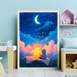 Firelies Glas Sternennacht Jungen Wand Kunst Kleinkind Zimmer Dekor Kinder digital Storybook Druck Kinderzimmer Mond Stern Berg Schlafenszeit Poster