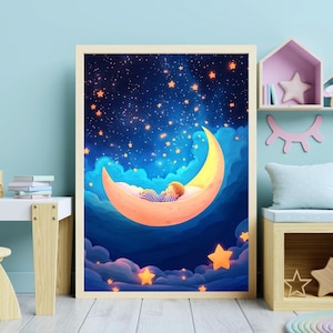 Schlafendes Kind im Mond Kinderzimmer Wand Kunst Verträumter Nachthimmel Druck Baby Zimmer Dekor Sternennacht Illustration Kleinkind Schlafzimmer Poster